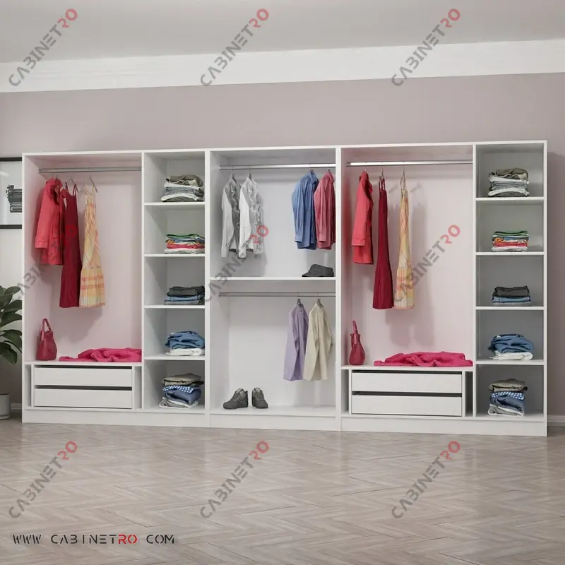 کمد لباس هشت درب رگال‌دار، طبقه‌دار و کشودار سفید 360 سانتی‌متر سری Araz